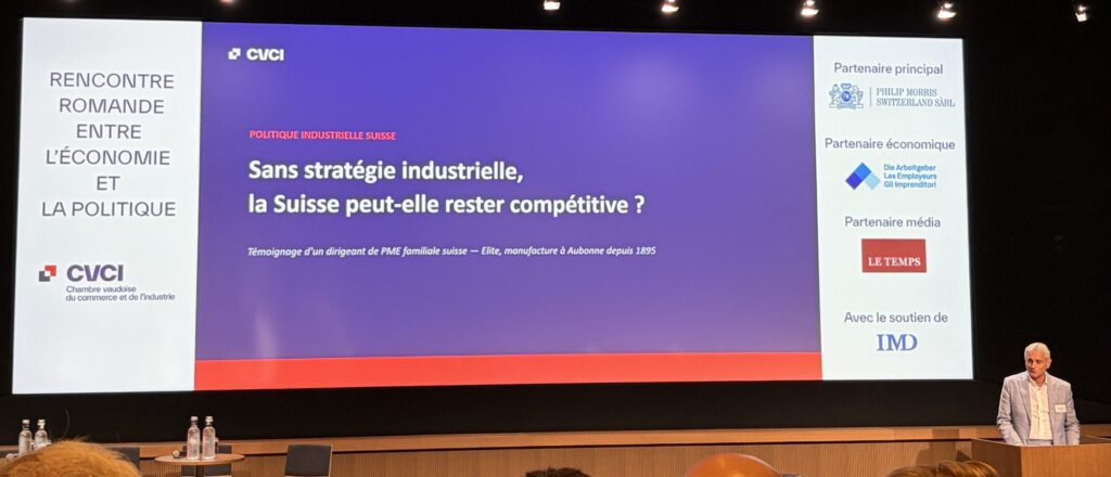 Diapositive d'ouverture de la conférence CVCI « Sans stratégie industrielle, la Suisse peut-elle rester compétitive ? », IMD Lausanne, août 2026