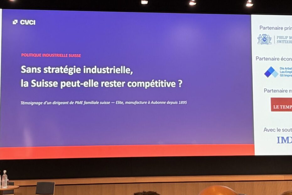 Diapositive d'ouverture de la conférence CVCI « Sans stratégie industrielle, la Suisse peut-elle rester compétitive ? », IMD Lausanne, août 2026